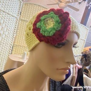 Elegant, Tri-color Knitted- Yellow Beanie Hat with Burgundy Floral Accent (S)